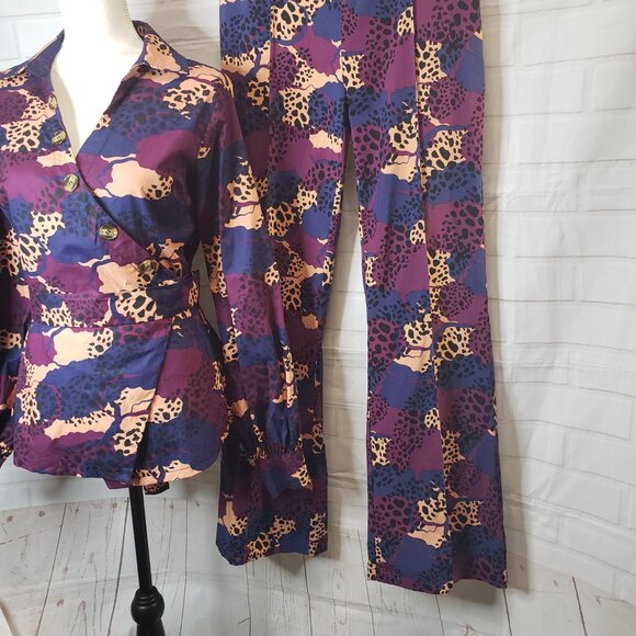 Bold & Beautiful D'iyanu Purple African Print Pant Suit womens M Wrap Blazer - Picture 2 of 12